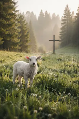 White Lamb in Evergreen Meadow Light