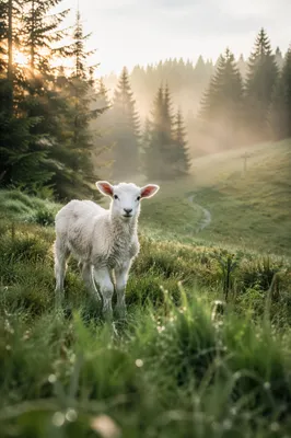 White Lamb in Evergreen Meadow Light