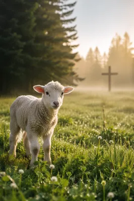 Gentle Lamb in Evergreen Meadow Light