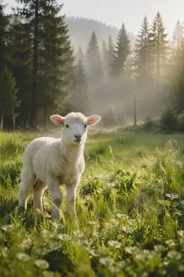 Gentle Lamb in Evergreen Meadow Light