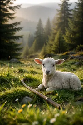 White Lamb Resting in Evergreen Meadow