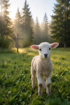 Gentle Lamb in Evergreen Meadow Light