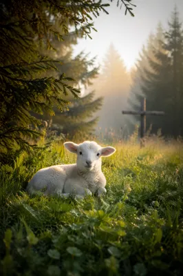 White Lamb in Evergreen Meadow Light