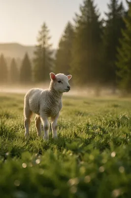 Gentle Lamb in Evergreen Meadow Light