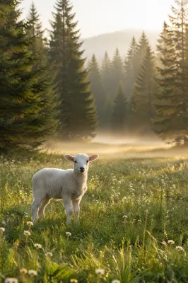 White Lamb in Evergreen Spring Meadow