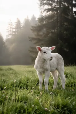Young White Lamb in Evergreen Meadow
