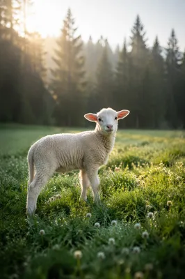 Young Lamb in Evergreen Morning Meadow
