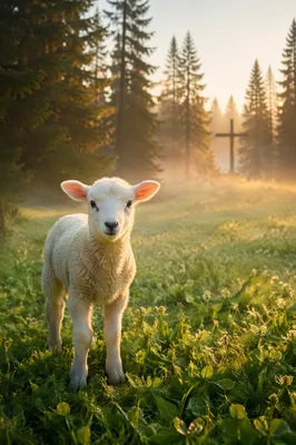 Peaceful Lamb in Evergreen Meadow Light