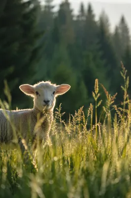 Gentle Lamb in Sunlit Evergreen Meadow