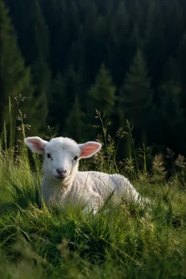 Gentle Lamb in Evergreen Meadow Light