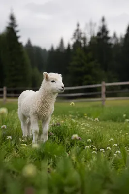 White Lamb in Evergreen Meadow Light