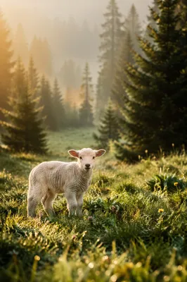 White Lamb in Evergreen Meadow Light