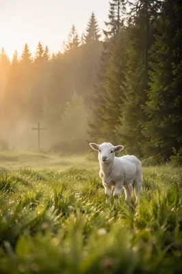 White Lamb in Evergreen Meadow Light