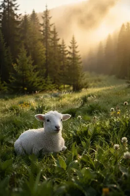 White Lamb Resting in Evergreen Meadow Light