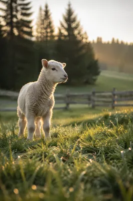 Gentle Lamb in Evergreen Meadow Light