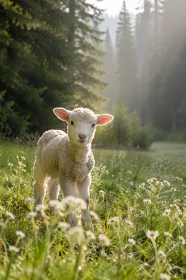 Young Lamb in Misty Evergreen Meadow