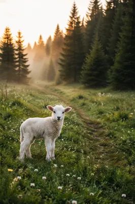 Gentle Lamb in Evergreen Meadow Light