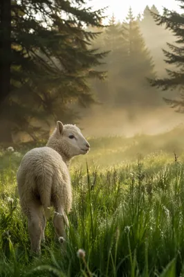 Gentle Lamb in Evergreen Meadow Light