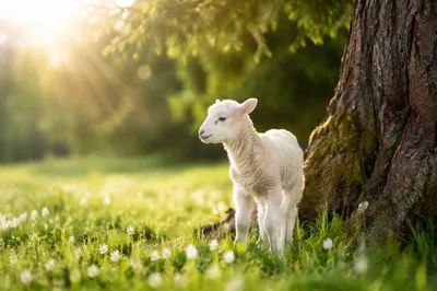 Gentle Lamb in Evergreen Meadow Light