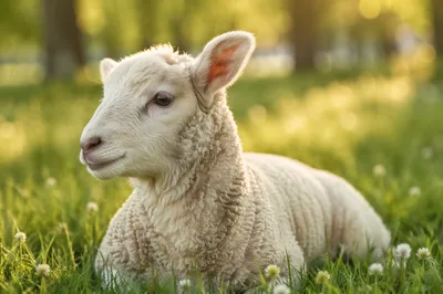 Gentle Lamb Resting in Green Meadow