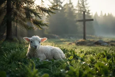 White Lamb in Meadow Morning Light