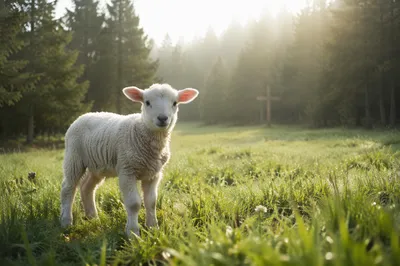 White Lamb in Evergreen Meadow Light