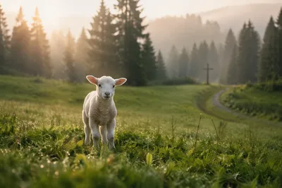 White Lamb in Evergreen Meadow Light