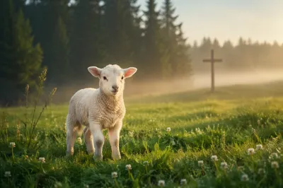 Gentle Lamb in Evergreen Meadow Light