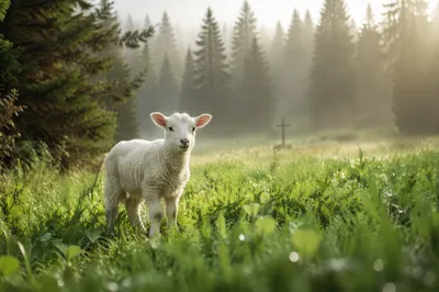 White Lamb in Misty Evergreen Meadow