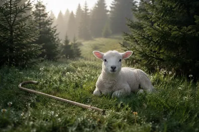 Resting Lamb in Evergreen Meadow Light