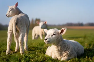 Gentle Lambs Resting in Spring Meadow