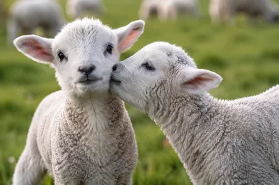 Two Gentle Lambs in Green Meadow Light