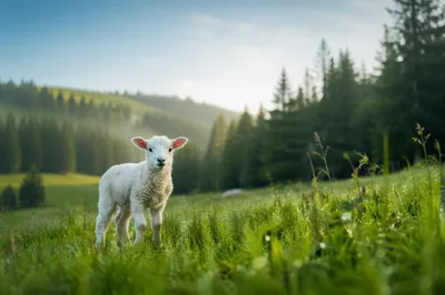 Gentle Lamb in Evergreen Meadow Light