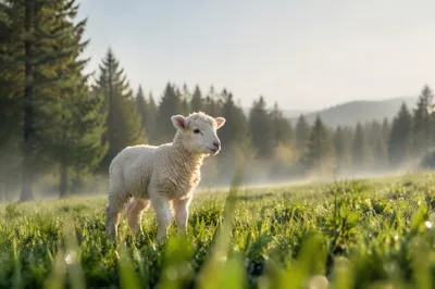 Gentle Lamb in Evergreen Meadow Light