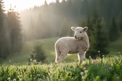 Young White Lamb in Evergreen Meadow