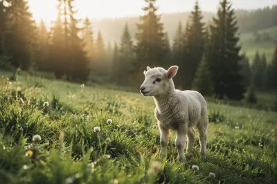 Young Lamb in Evergreen Morning Meadow
