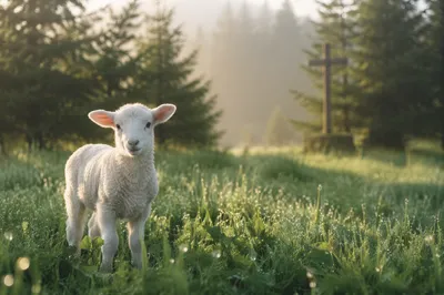 Gentle Lamb in Evergreen Meadow Light