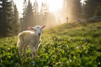 Young Lamb in Evergreen Meadow Light