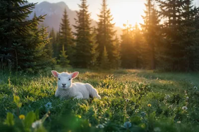 White Lamb in Evergreen Meadow Light