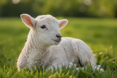 Young White Lamb in Evergreen Meadow