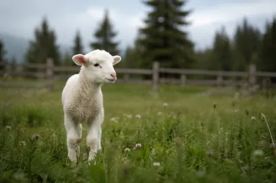 White Lamb in Evergreen Meadow Light