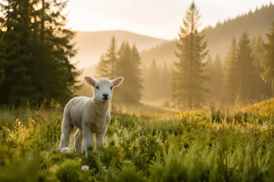 White Lamb in Evergreen Meadow Light