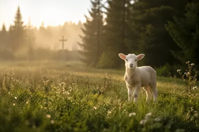 Gentle Lamb in Evergreen Meadow Light