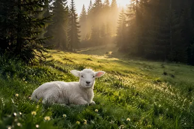 Gentle Lamb in Evergreen Meadow Light