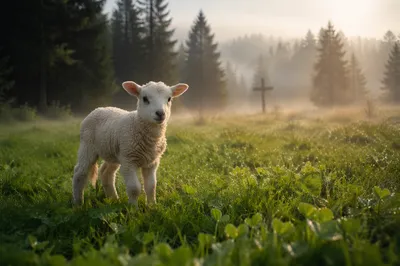 White Lamb in Evergreen Meadow Light