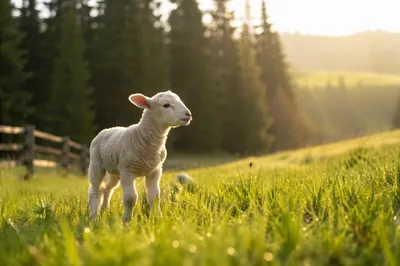 Gentle Lamb in Evergreen Meadow Light