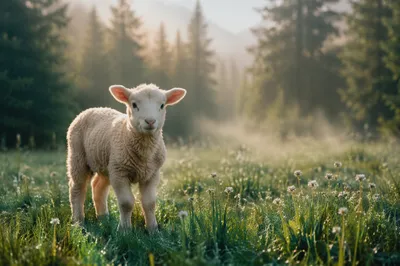 Gentle Lamb in Evergreen Meadow Light