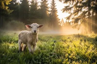 Young Lamb in Misty Evergreen Meadow