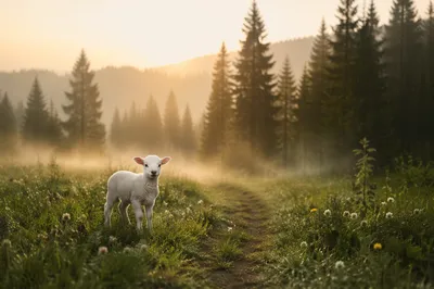 Gentle Lamb in Evergreen Morning Meadow
