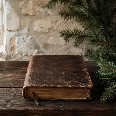 Weathered Leather Bible on Dark Walnut